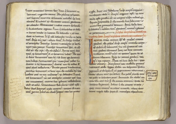 Late 12th-century book comprised of Augustine’s Gradual Psalms and his Enchiridion (Greek for “handbook”). The well-worn and annotated pages reflect the proliferation of Augustinian influence on interpretation of Scripture. Spain, Santa Maria de Benevivere, near Palencia. Free Library of Philadelphia, Lewis E22, fols. 68v-69r. Credit: Courtesy of the New York Public Library