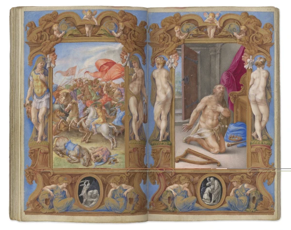 Death of Uriah; David in Penance, from the Morgan’s famed Farnese Hours, demonstrates the enduring appeal of the penitential Psalms of David as seen in this early Renaissance book of hours. Italy, Rome, 1546. The Morgan Library & Museum, New York, MS M.69, fols, 63v-63r. Photography by Janny Chiu. Credit: Courtesy of the New York Public Library