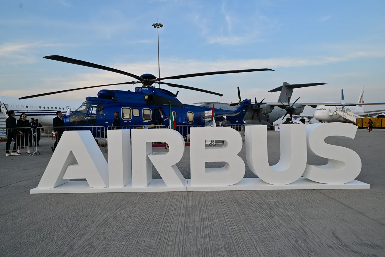 An Airbus logo is on display at Al-Maktoum International Airport during the Dubai Airshow 2025 in Dubai on November 17, 2025. (Photo by GIUSEPPE CACACE/AFP via Getty Images)