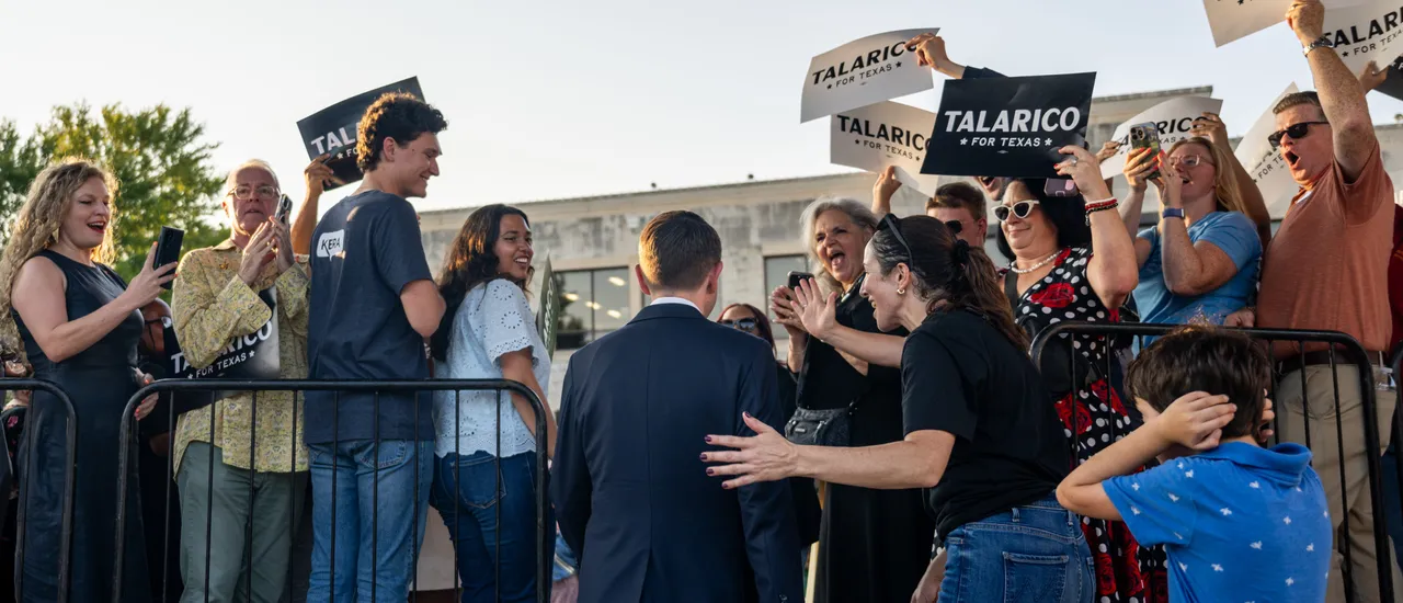 Democratic Texas State Rep. James Talarico is greeted upon arrival to a campaign launch rally on September 09, 2025 in Round Rock, Texas. Rep. Talarico announced earlier today that he will be running for U.S. Senate in Texas. (Photo by Brandon Bell/Getty Images)