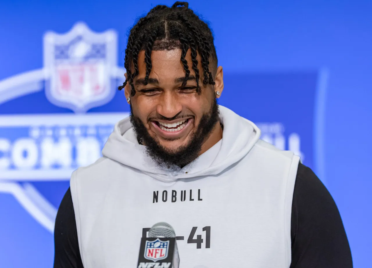 INDIANAPOLIS, INDIANA - FEBRUARY 28: Marshawn Kneeland #DL41 of the Western Michigan Broncos speaks to the media during the 2024 NFL Draft Combine at Lucas Oil Stadium on February 28, 2024 in Indianapolis, Indiana. (Photo by Michael Hickey/Getty Images)