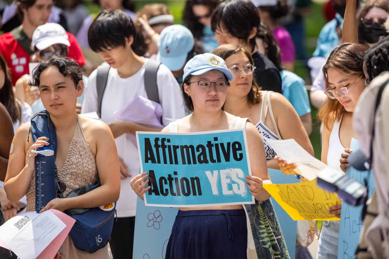 Students and others gather at Harvard University Science Center Plaza to rally in support of Affirmative Action on July 1, 2023 in Cambridge, Massachusetts.