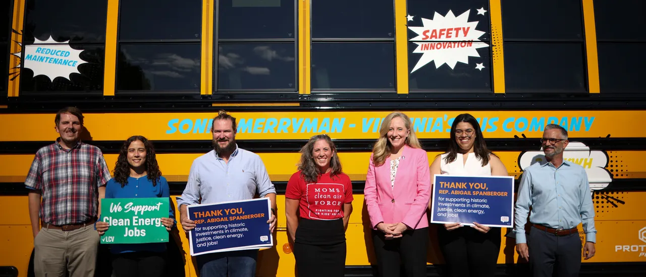 Rep. Abigail Spanberger (D-VA) joins with local government representatives and climate and environmental activists after touring a new electric powered school bus while highlighting the benefits of recently passed federal infrastructure legislation August 23, 2022 in Culpeper, Virginia. (Photo by Win McNamee via Getty Images)