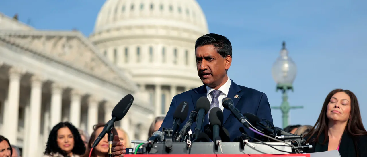 WASHINGTON, DC - NOVEMBER 18: U.S. Rep. Ro Khanna (D-CA) speaks during a news conference with lawmakers and Jeffrey Epstein abuse survivors on the Epstein Files Transparency Act outside the U.S. Capitol on November 18, 2025 in Washington, DC. The House is expected to vote today on the legislation, which instructs the U.S. Department of Justice to release all files related to the late accused sex trafficker Jeffrey Epstein. (Photo by Heather Diehl/Getty Images)