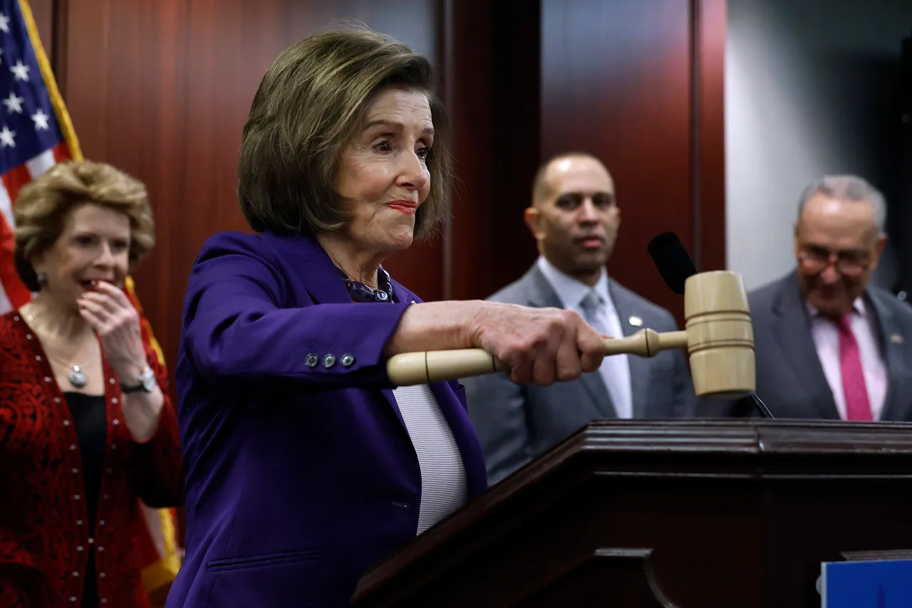 Rep. Nancy Pelosi (D-CA) raps the gavel she used in the House of Representatives 14 years earlier when the Affordable Care Act was passed during a news conference to mark the anniversary at the U.S. Capitol on March 21, 2024 in Washington, DC. (Photo by Chip Somodevilla/Getty Images)