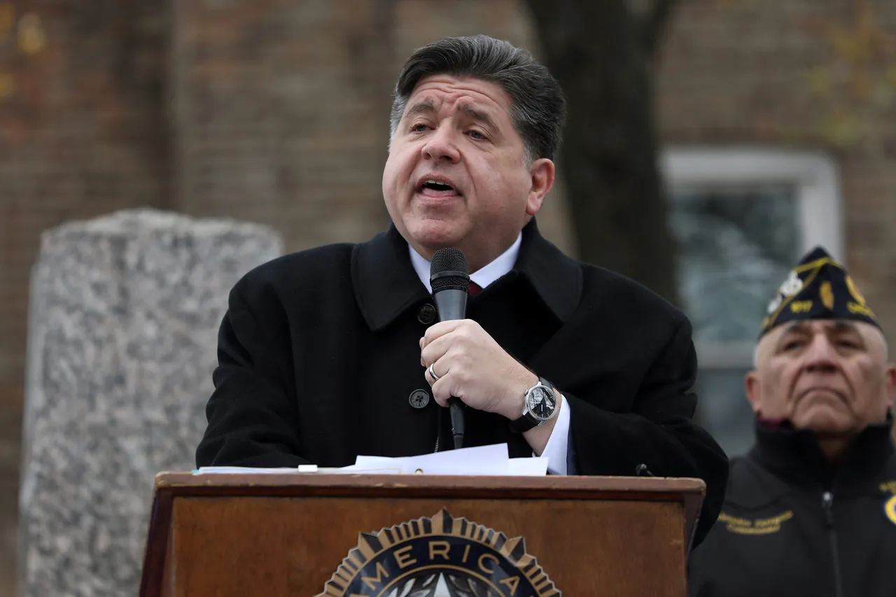 Illinois Gov. JB Pritzker delivers a short speech during a Veterans Day ceremony at Little Village's Manuel Perez Jr. Memorial Plaza on November 11, 2025 in Chicago, Illinois. (Photo by Abel Uribe/Getty Images)