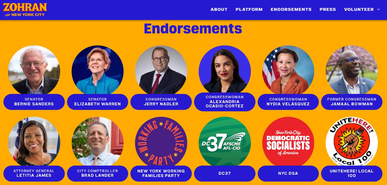 Endorsements for Zohran's New York City campaign