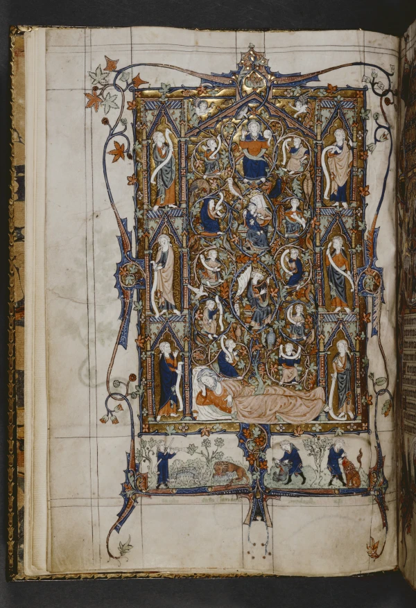 Tree of Jesse (Psalm 1), from the Tickhill Psalter, England, Nottinghamshire, Worksop Priory, 1303-14, New York Public Library, Spencer 26. fol. 6v. The Medieval manuscript is on display in Morgan Library’s Advent exhibit. Credit: Courtesy of the Morgan Library