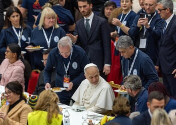 Pope Leo XIV shares lunch with more than 1,300 people in need at the Vatican