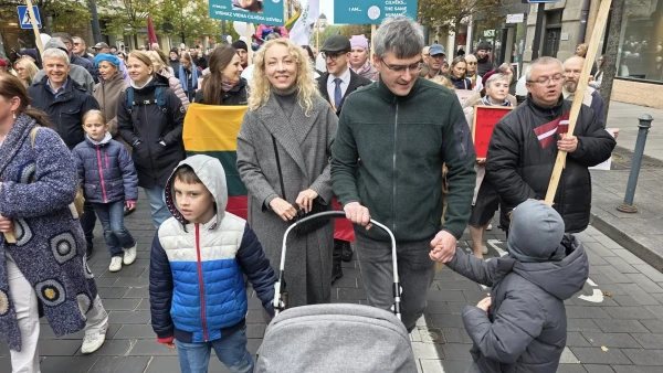 Kristina Zamarytė-Sakavičienė, her husband, Justas Sakavičius, and three of their children attend the March for Life in Vilnius, Lithuania, on Oct. 4, 2025. Credit: Erlendas Bartulis