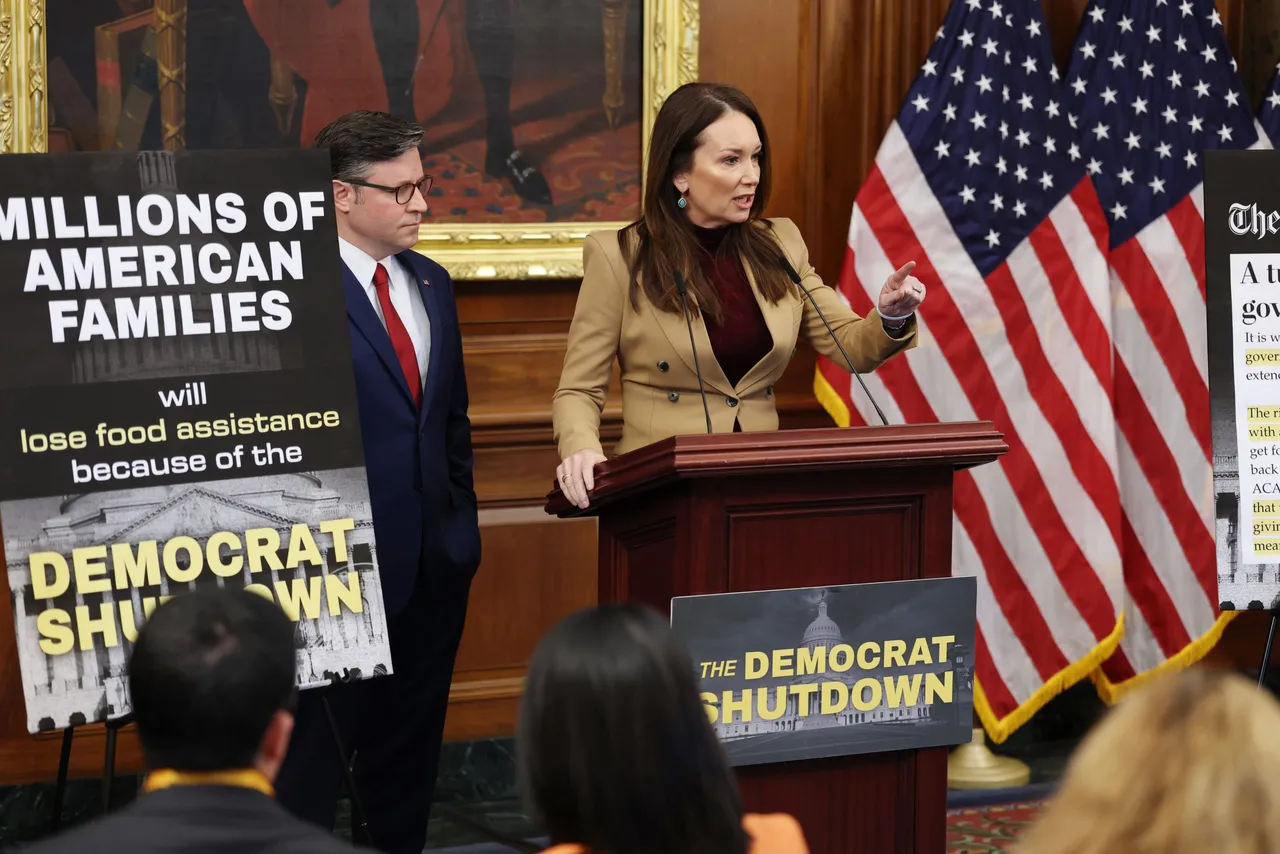 Agriculture Secretary Brooke Rollins speaks alongside U.S. Speaker of the House Mike Johnson during a news conference on Capitol Hill on October 31, 2025 in Washington, DC.