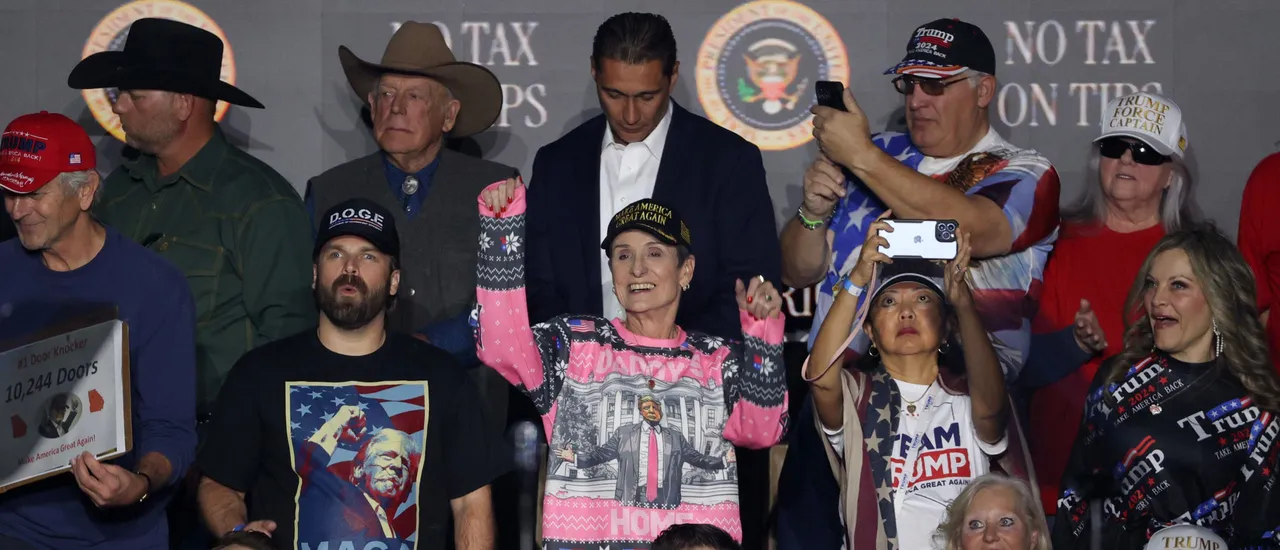Supporters cheer during a rally for U.S. President Donald Trump, not pictured, at Circa Resort & Casino on January 25, 2025 in Las Vegas, Nevada. The event focused on Trump’s first week in office, including his proposed policy to eliminate taxes on tips for service industry employees. (Photo by Ian Maule/Getty Images)