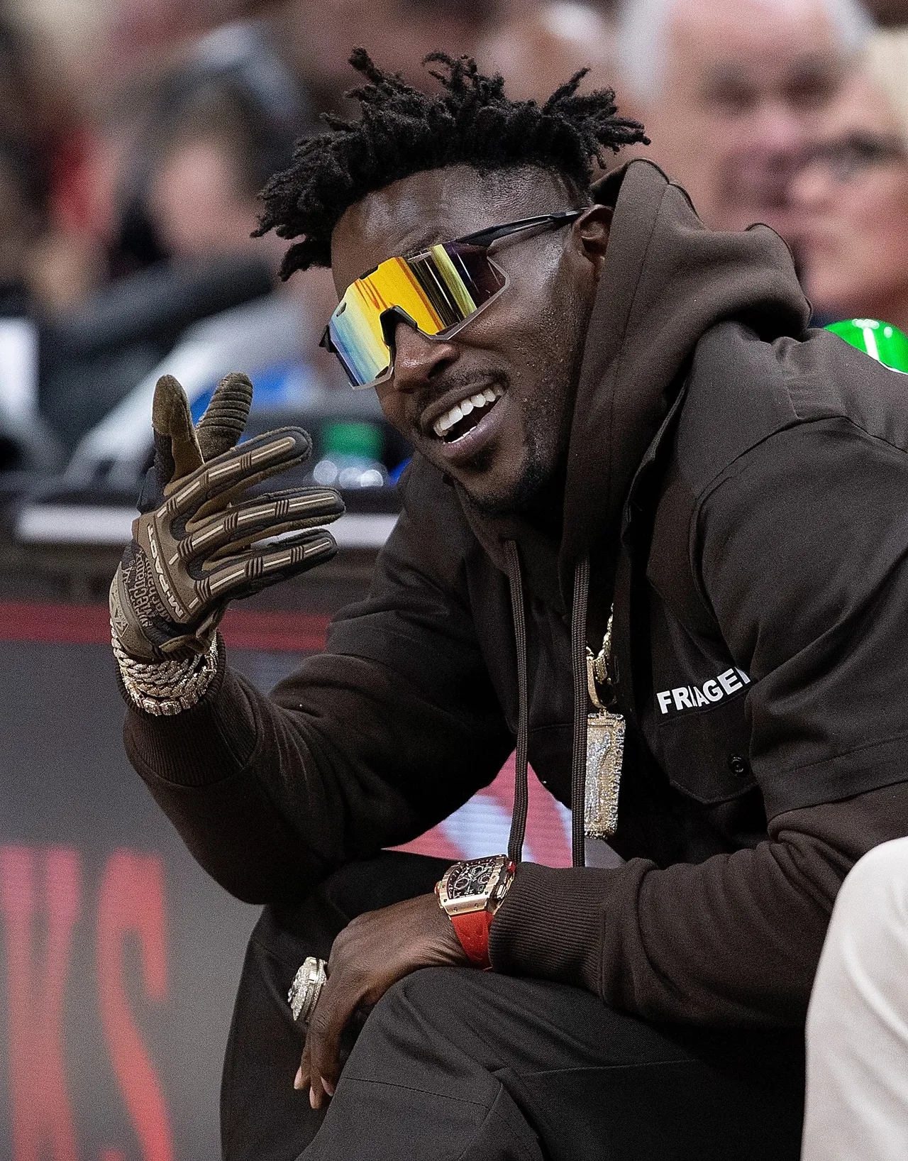 ATLANTA, GEORGIA - MARCH 11: NFL player Antonio Brown looks on during the second half of the game between the Atlanta Hawks and the Los Angeles Clippers at State Farm Arena on March 11, 2022 in Atlanta, Georgia. NOTE TO USER: User expressly acknowledges and agrees that, by downloading and or using this photograph, User is consenting to the terms and conditions of the Getty Images License Agreement. (Photo by Kevin C. Cox/Getty Images)