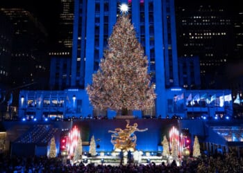 Rockefeller Center Christmas tree illuminated in New York
