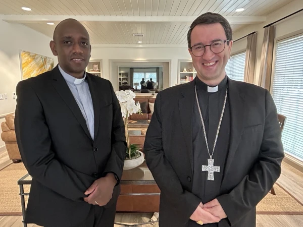Bishop Raimo Goyarrola (right), the only bishop in Finland, and Vicar General Father Jean Claude Kabeza talk with CNA in Houston in November 2025. Credit: Amira Abuzeid/CNA