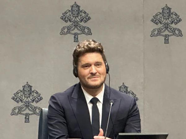 Michael Bublé speaks at the Vatican on Dec. 5, 2025, about preparing to sing 