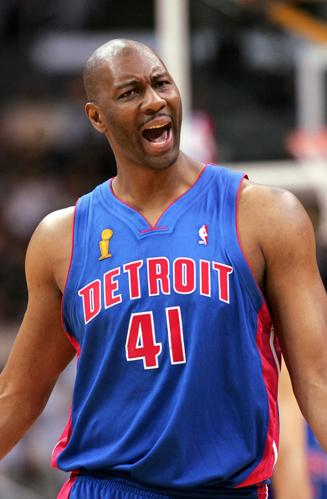 LOS ANGELES - JUNE 8: Elden Campbell #41 of the Detroit Pistons reacts in Game 2 of the 2004 NBA Finals against the Los Angeles Lakers on June 8, 2004 at Staples Center in Los Angeles, California.NOTE TO USER: User expressly acknowledges and agrees that, by downloading and or using this photograph, User is consenting to the terms and conditions of the Getty Images License Agreement. (Photo by Jed Jacobsohn/Getty Images)