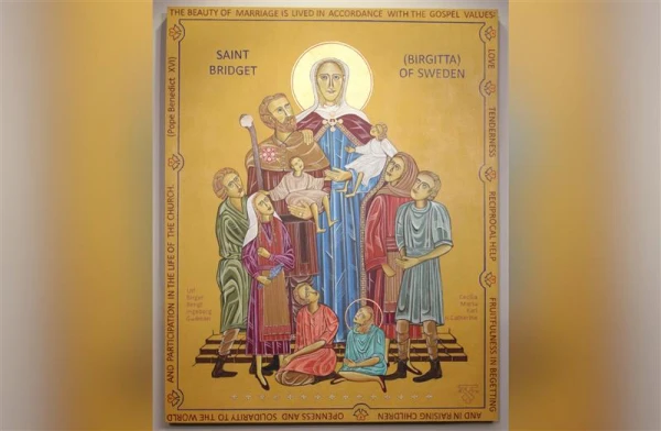 The icon of St. Bridget of Sweden and her family by Father Richard Reiser contains many symbols, such as the staff and shell, the 15 florets, and the clasp of St. Bridget’s cloak. Framing the icon are words from Pope Benedict XVI on the domestic church. Credit: Courtesy of FOCCUS