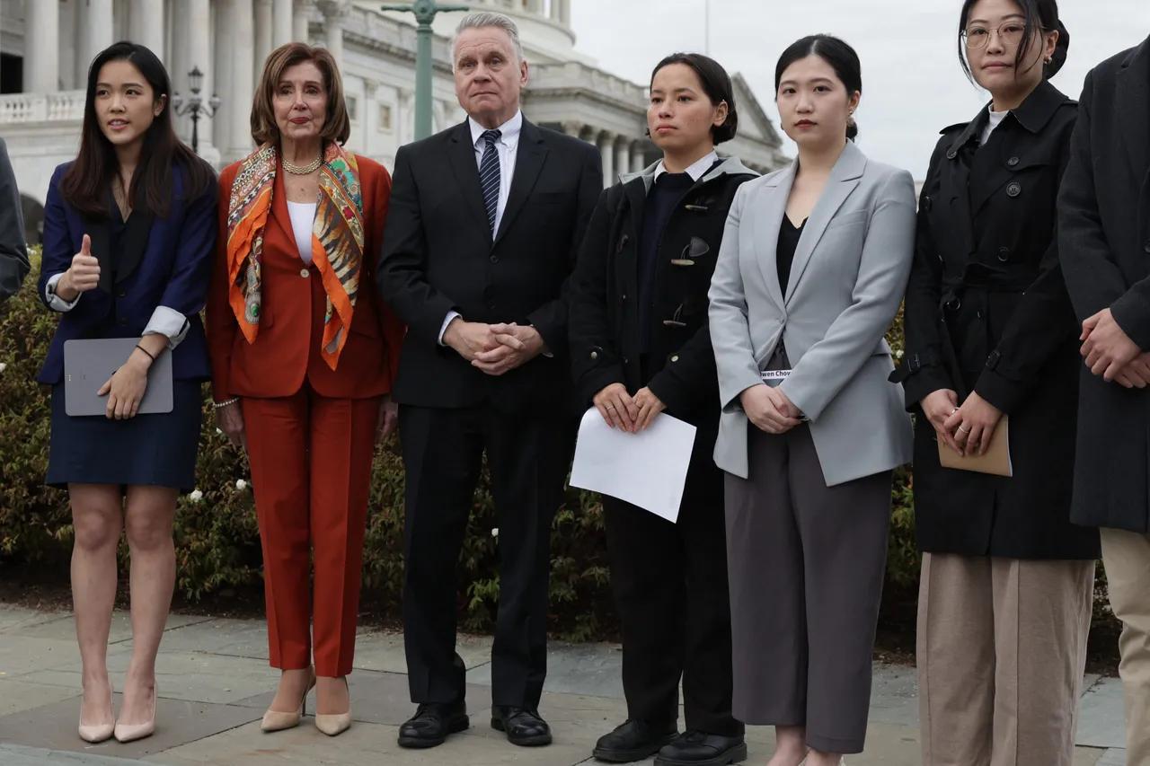 WASHINGTON, DC - NOVEMBER 19: U.S. House Speaker Emerita Rep. Nancy Pelosi (D-CA) (2nd L) and Rep. Chris Smith (R-NJ) (3rd L) join (L-R) Policy and Advocacy Coordinator of the Committee for Freedom in Hong Kong (CFHK) Foundation Frances Hui, Research and Policy Advisor of the Hong Kong Watch Anouk Wear, Executive Director of the Hong Kong Democracy Council Anna Kwok, Senior International Advocacy Associate of the Hong Kong Democracy Council Carmen Lau during a news conference in response of the sentencing ruling in the Hong Kong 47 case November 19, 2024 in front of the U.S. Capitol in Washington, DC. (Photo by Alex Wong/Getty Images)