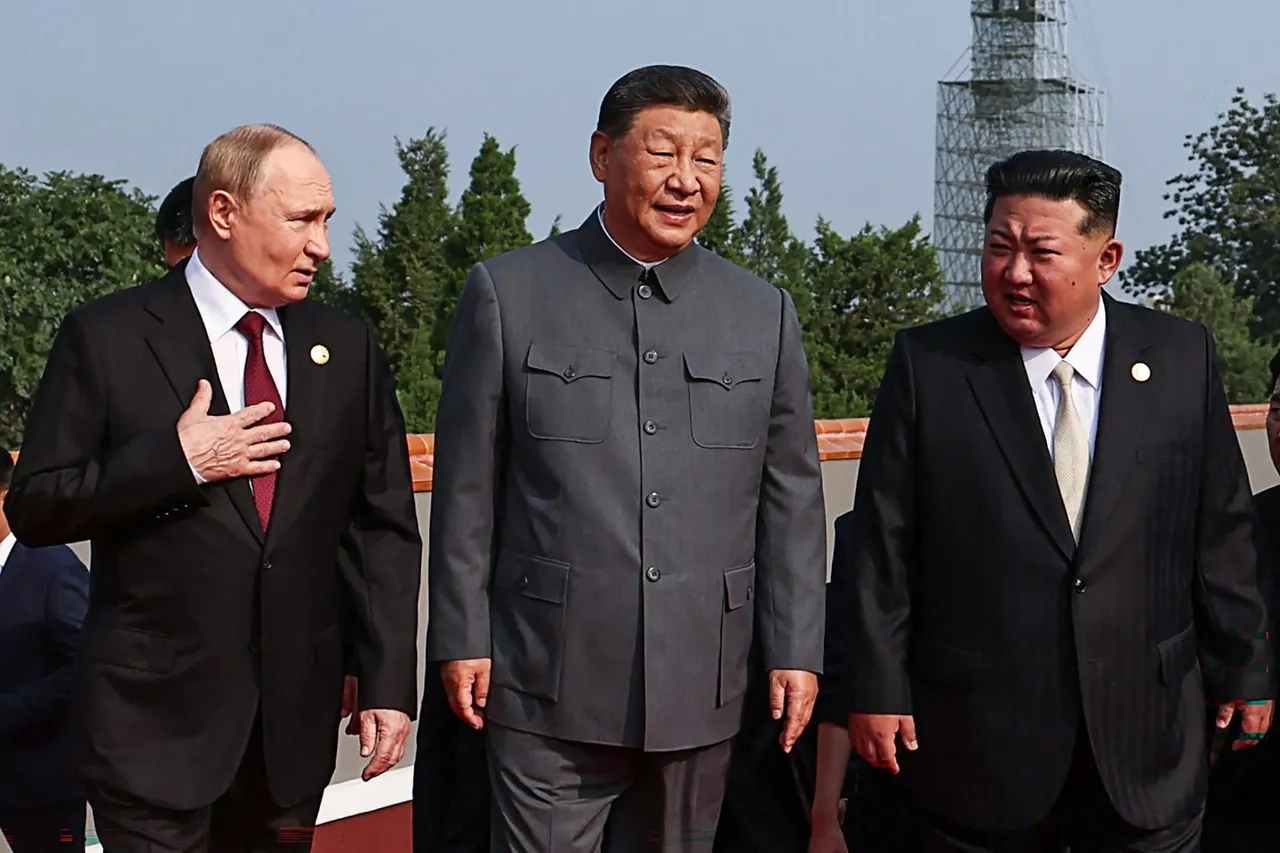 TOPSHOT - In this pool photograph distributed by the Russian state agency Sputnik, (L-R) Russia's President Vladimir Putin walks with China's President Xi Jinping and North Korea's leader Kim Jong Un before a military parade marking the 80th anniversary of victory over Japan and the end of World War II, in Beijing's Tiananmen Square on September 3, 2025. (Photo by ALEXANDER KAZAKOV/POOL/AFP via Getty Images)