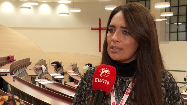 Karla De la Cuesta, a survivor of human trafficking and now an activist and lawyer, spoke at an international conference in Rome at the Pontifical Gregorian University to discuss trafficking prevention efforts Dec. 11, 2025. Credit: Screenshot from EWTN TV video footage