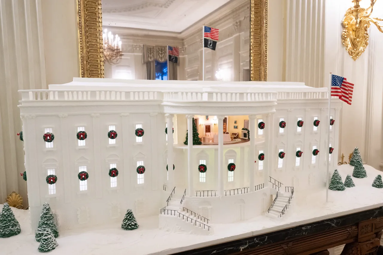 The White House gingerbread house is seen in the State Dining Room of the White House in Washington, DC, December 1, 2025, during a Christmas decoration media tour. (Photo by SAUL LOEB / AFP via Getty Images)