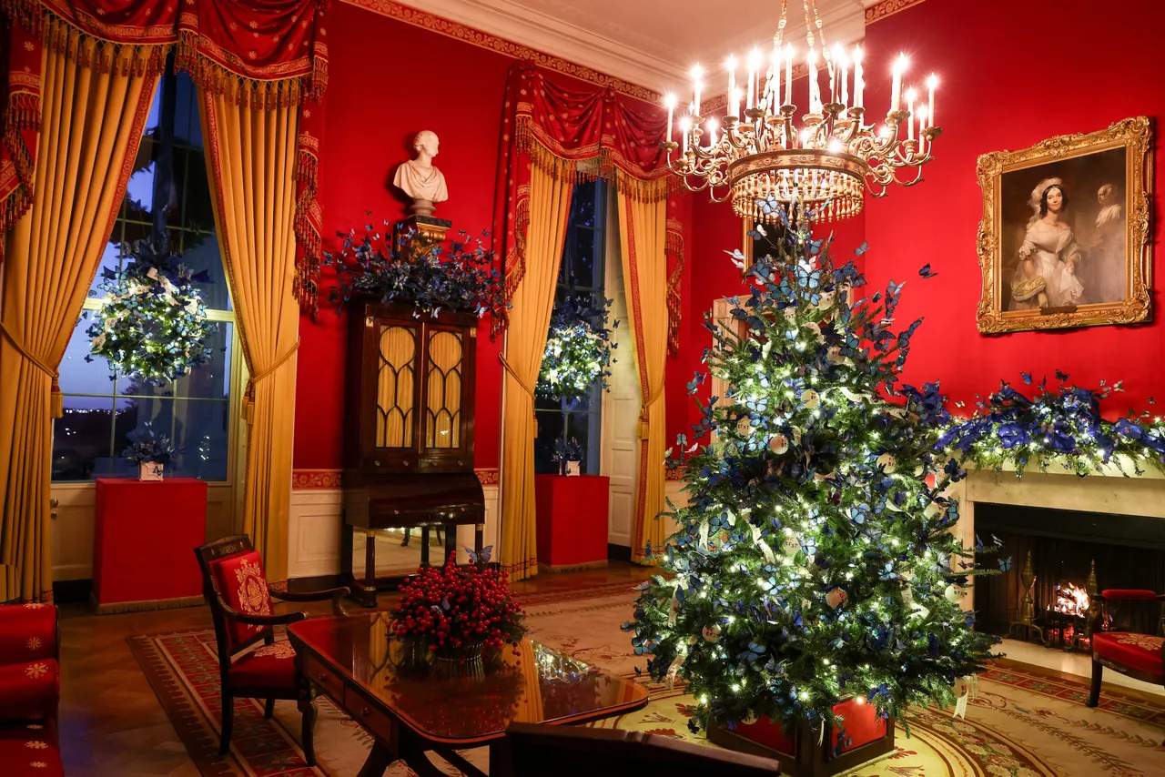 Blue butterflies are seen in the Red Room during an advance tour of the 2025 White House Christmas decorations on December 01, 2025 in Washington, DC. The theme for this year's White House Christmas decorations is "Home Is Where The Heart Is." (Photo by Anna Moneymaker/Getty Images)