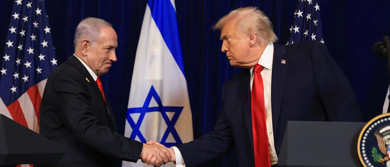 PALM BEACH, FLORIDA - DECEMBER 29: U.S. President Donald Trump shakes hands with Israeli Prime Minister Benjamin Netanyahu during a press conference at his Mar-a-Lago club on December 29, 2025 in Palm Beach, Florida. (Photo by Joe Raedle/Getty Images)