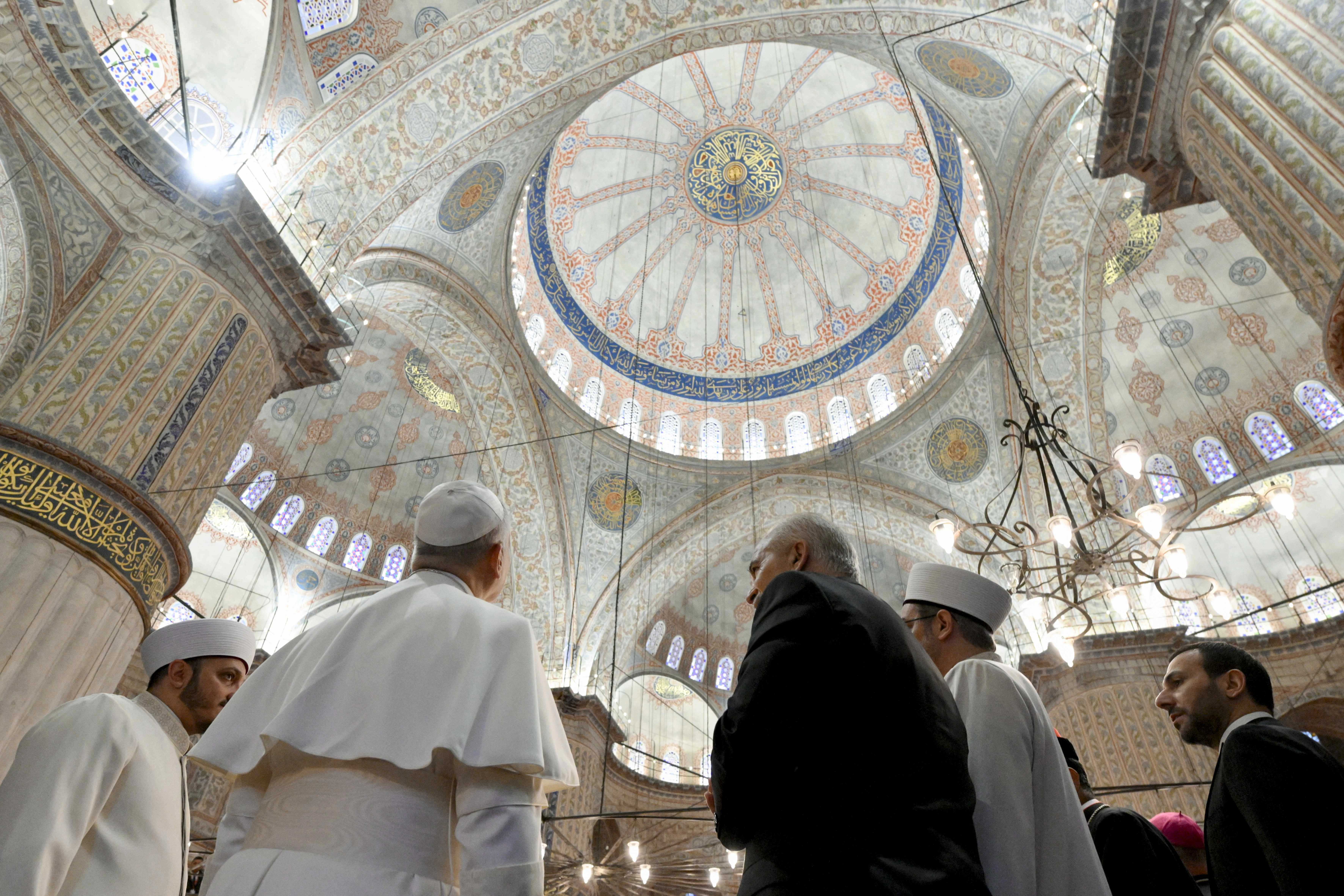 Pope Leo XIV visits the Sultan Ahmed Mosque, also known as the “Blue Mosque,” in Istanbul, Turkey, on Nov. 29, 2025. Credit: Vatican Media