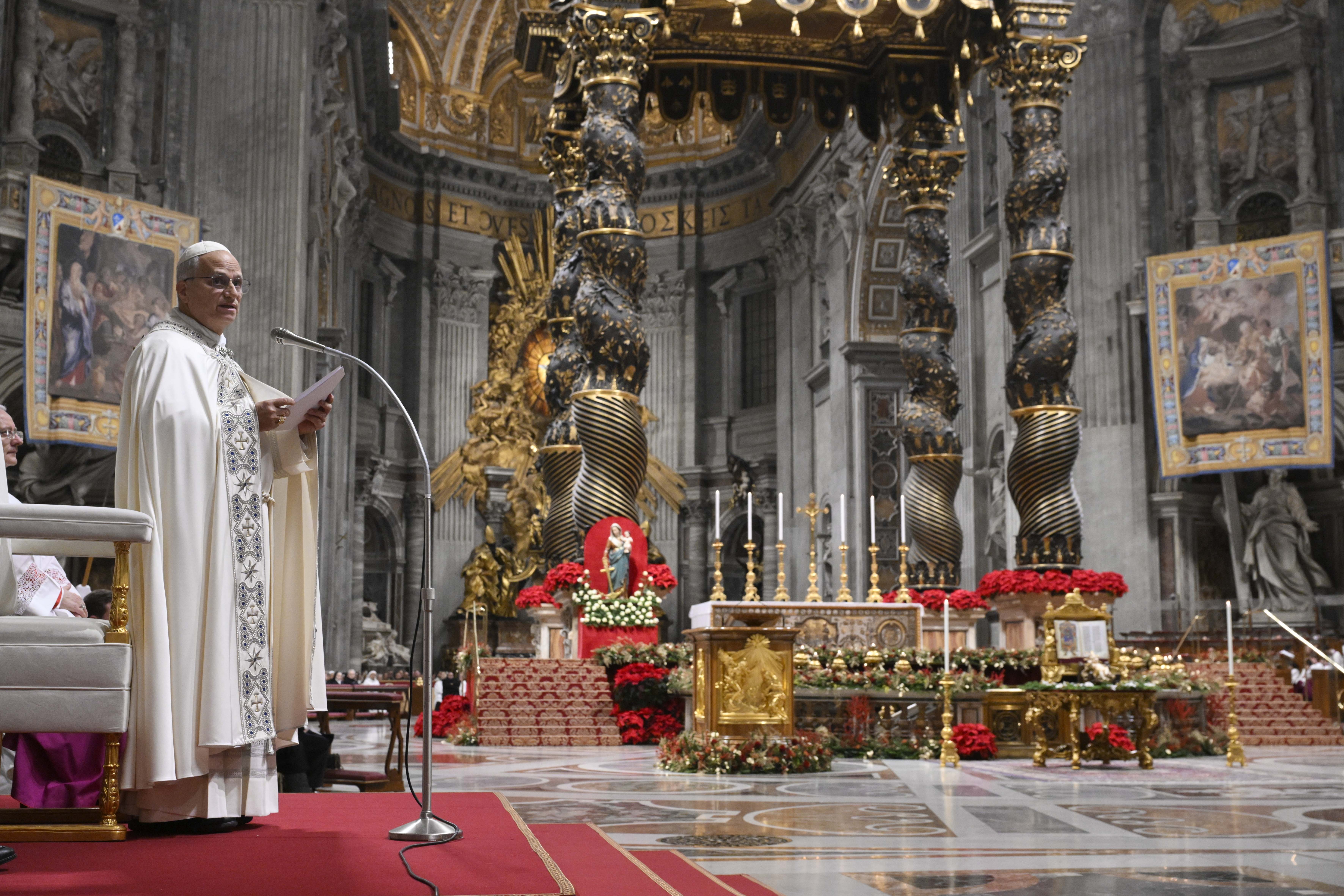 Pope Leo XIV presides over first vespers (evening prayer) in St. Peter’s Basilica in anticipation of the Jan. 1 solemnity of Mary, Mother of God on Dec. 31, 2025. | Credit: Vatican Media