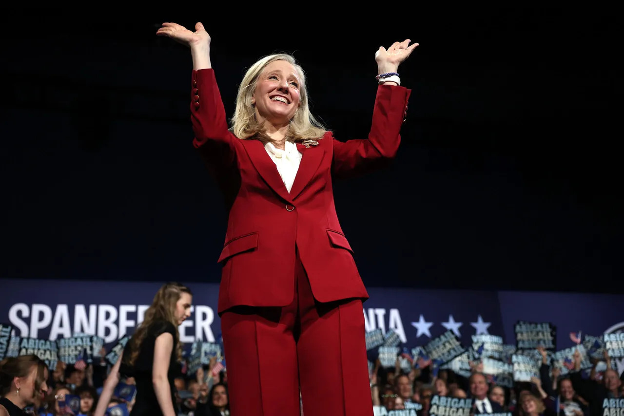 RICHMOND, VIRGINIA - NOVEMBER 04: Virginia Democratic gubernatorial candidate, former Rep. Abigail Spanberger celebrates as she takes the stage during her election night rally at the Greater Richmond Convention Center on November 04, 2025 in Richmond, Virginia. Spanberger defeated Republican gubernatorial candidate Lieutenant Gov. Winsome Earle-Sears to become the first female governor in the commonwealth’s history in an election that was seen as a national political bellwether leading into the midterms. (Photo by Win McNamee/Getty Images)