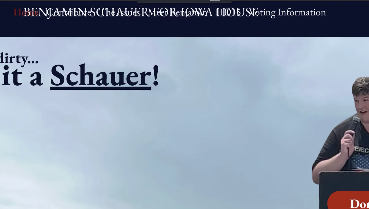 Benjamin Schauer's current campaign website, unzoomed and unedited, on a MacBook pro as of Dec. 16, 2025. (Screenshot via schauerforiowa.com)