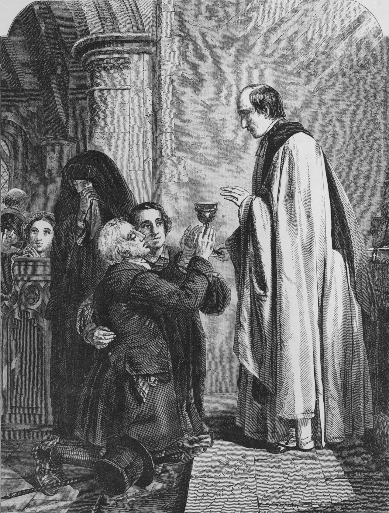 The administration of the Holy Communion in church, circa 1860. Engraved by M. Jackson for 'The Art Journal'. (Photo by Hulton Archive/Getty Images)