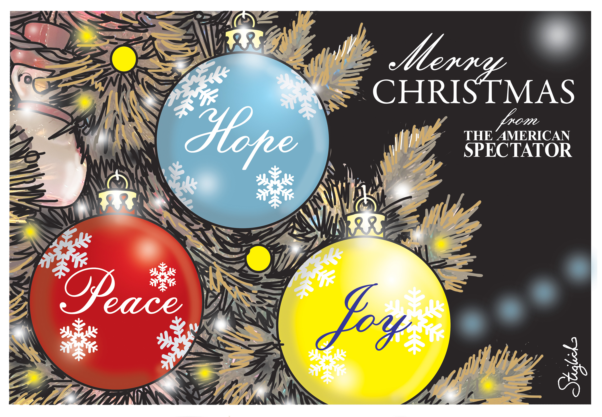“Christmas Greetings,” editorial cartoon by Tom Stiglich for The American Spectator on Dec. 23, 2025.