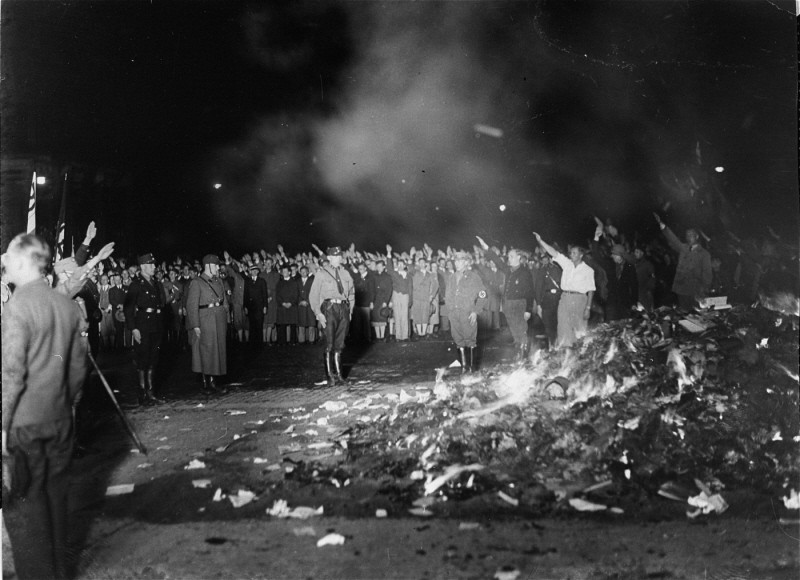 Historical photo of Nazi book burning in 1933