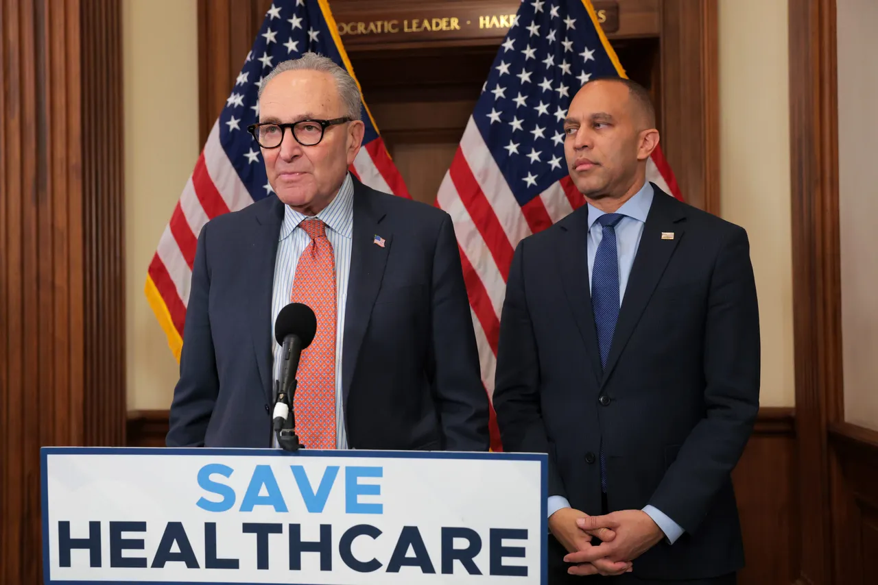 Senate Minority Leader Chuck Schumerand House Minority Leader Hakeem Jeffries speak to the media during a news conference in the U.S. Capitol Building on December 03, 2025 in Washington, DC.