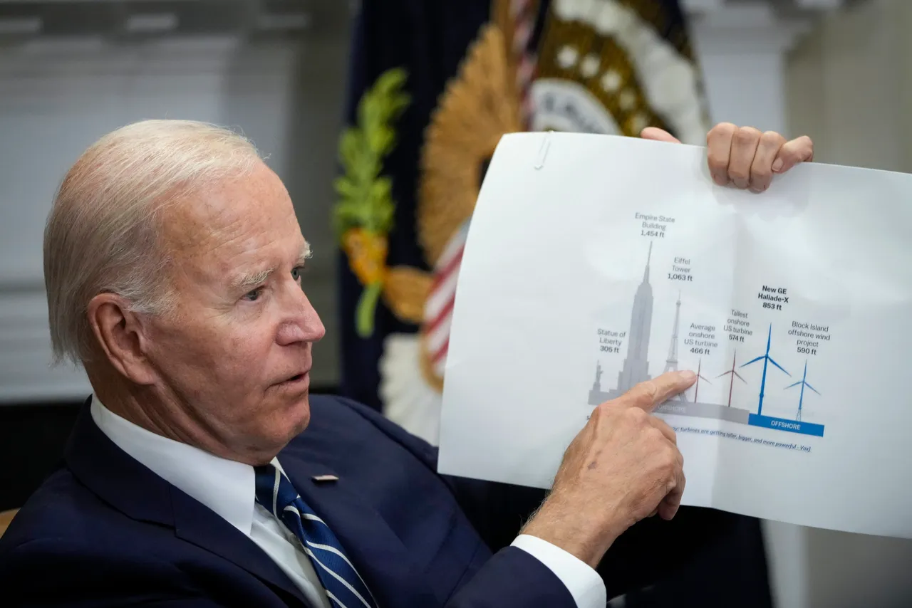 U.S. President Joe Biden points to a wind turbine size comparison chart during a meeting about the Federal-State Offshore Wind Implementation Partnership in the Roosevelt Room of the White House June 23, 2022 in Washington, DC. (Photo by Drew Angerer via Getty Images)