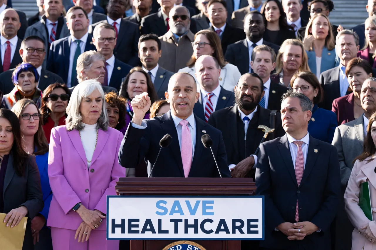 Minority Leader Democrat Hakeem Jeffries and fellow House Democrats speak about healthcare and the government shutdown during a press conference at the US Capitol in Washington, DC, November 12, 2025.