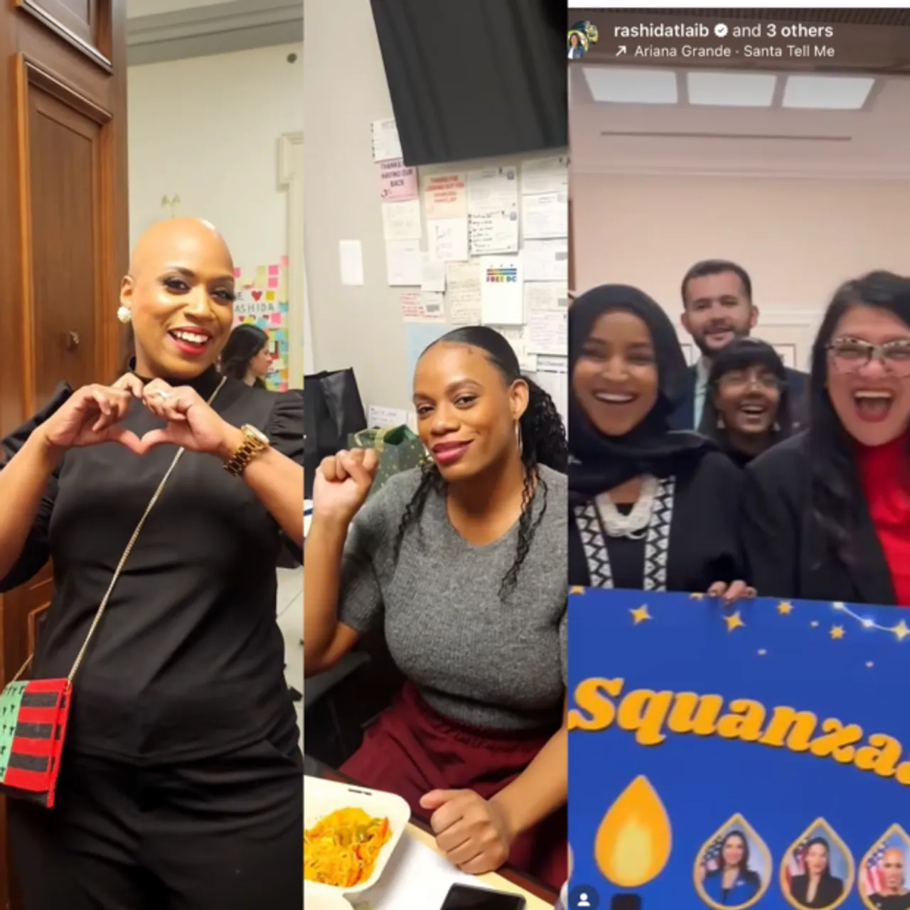 Rep. Rashida Tlaib's Instagram post of the "Squanzaa" celebration with Reps. Lee, Omar, and Pressley. 