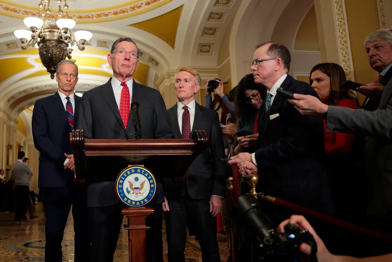 =Senate Majority Whip John Barrasso, Senate Majority Leader John Thune and Sen. James Lankford speak to reporters following a Senate Republican policy luncheon at the U.S. Capitol on December 09, 2025 in Washington, DC.
