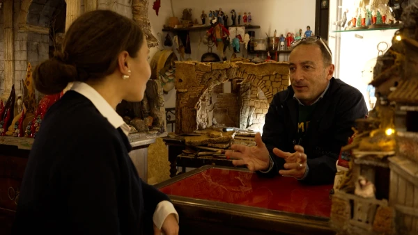Artisan Giovanni Giudice speaks to EWTN News' Valentina Di Donato about his hand-crafted Neapolitan Nativity scenes, a tradition dating back more than 300 years, at Bottega Ferrigno in Naples, Italy. Credit: Gianpiero Passalia/EWTN News