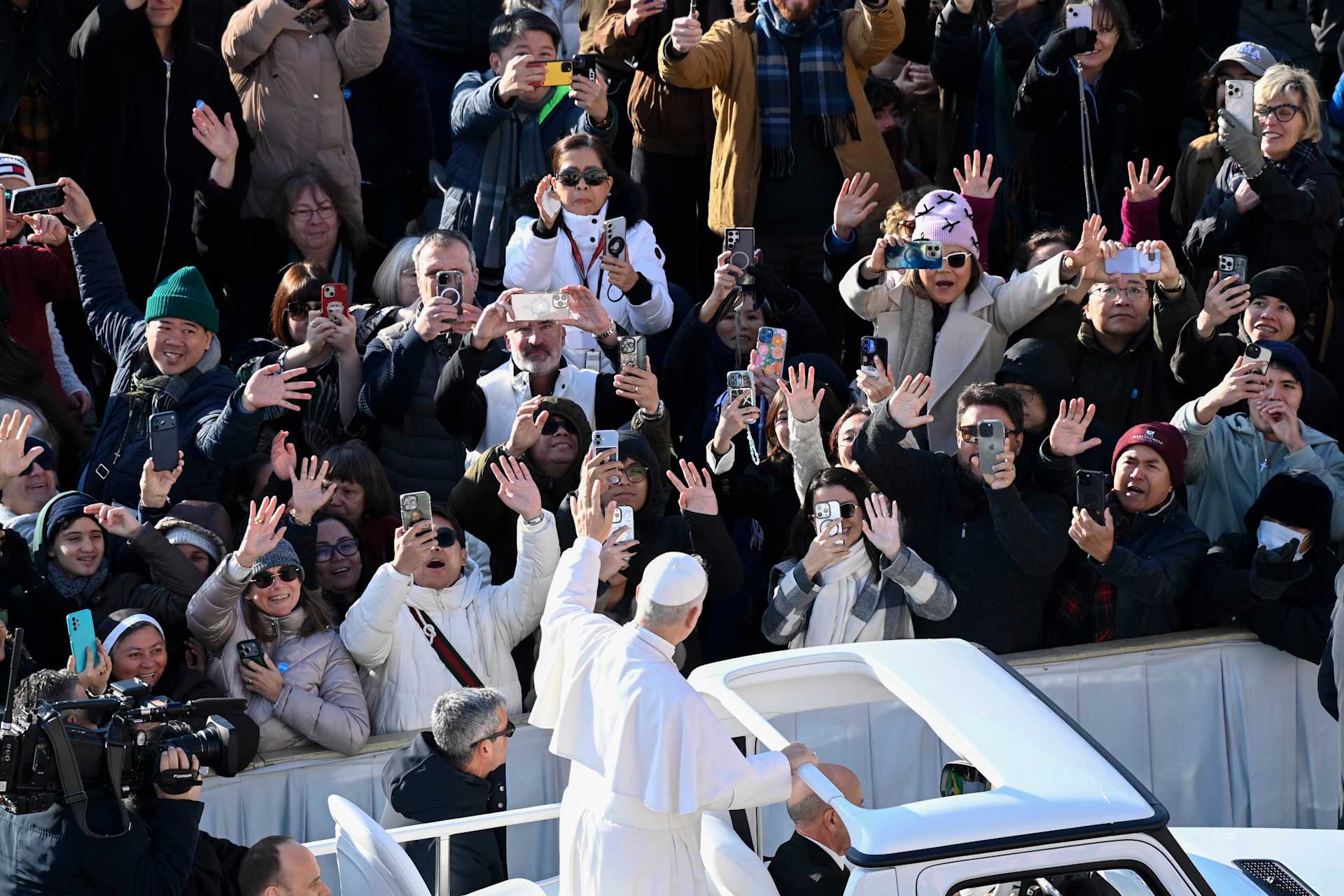 Pope Leo XIV waves from the popemobile to pilgrims gathered for his Wednesday general audience on Dec. 31, 2025, in St. Peter’s Square at the Vatican. | Credit: Vatican Media