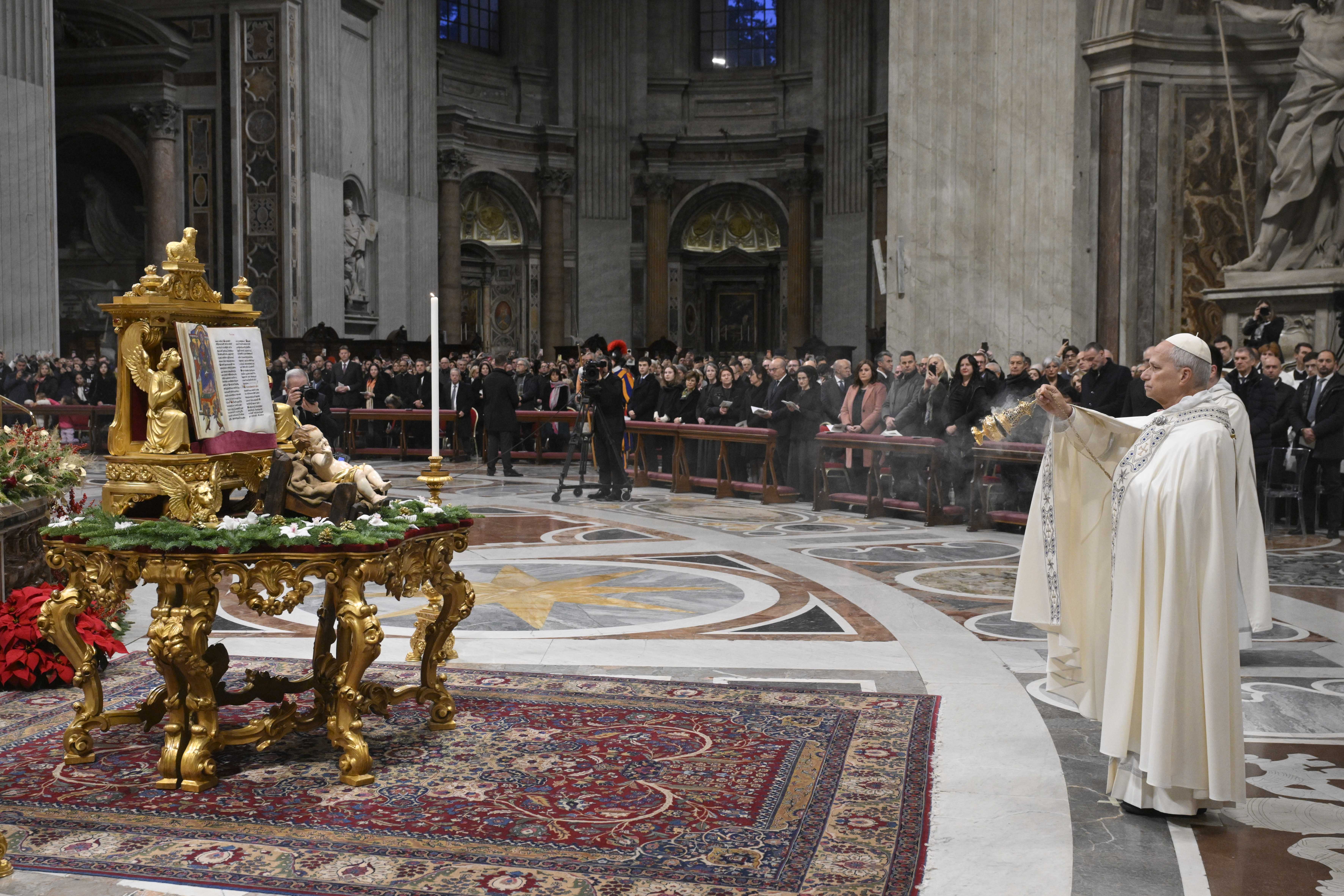 Pope Leo XIV presides over first vespers (evening prayer) in St. Peter’s Basilica on Dec. 31, 2025, in anticipation of the Jan. 1 solemnity of Mary, Mother of God. | Credit: Vatican Media