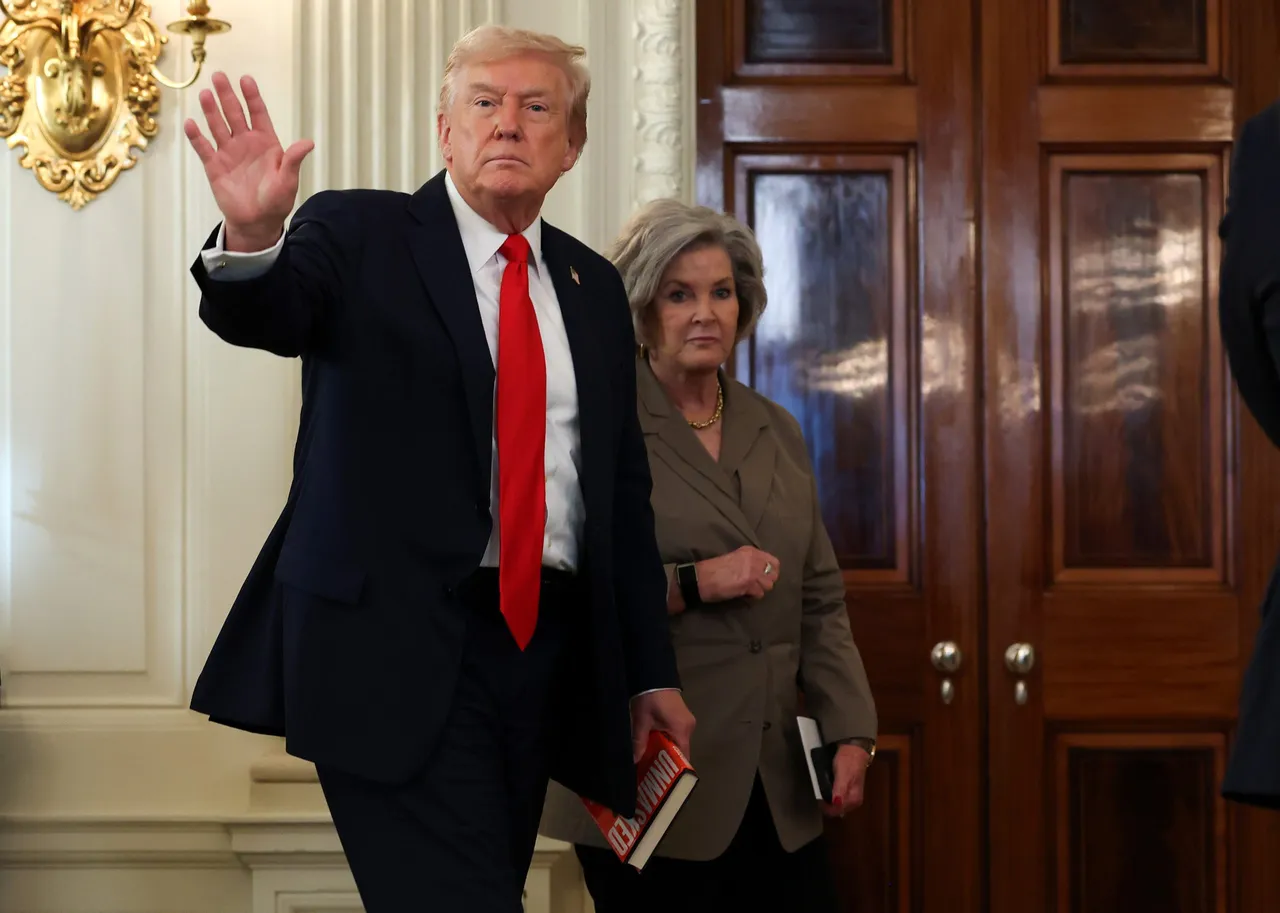 U.S. President Donald Trump departs with White House Chief of Staff Susie Wiles following a roundtable discussion in the State Dining Room of the White House on October 08, 2025 in Washington, DC. Trump’s administration held the roundtable to discuss the anti-fascist Antifa movement after signing an executive order designating it as a “domestic terrorist organization”. (Photo by Anna Moneymaker/Getty Images)