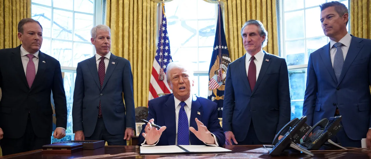 U.S. President Donald Trump, accompanied by (L-R) Environmental Protection Agency (EPA) Administrator Lee Zeldin, Energy Secretary Chris Wright, Interior Secretary Doug Burgum and Transportation Secretary Sean Duffy, speaks before signing an executive order establishing the Energy Dominance Council led by Secretary of the Interior Doug Burgum in the Oval Office at the White House on February 14, 2025 in Washington, DC. (Photo by Andrew Harnik via Getty Images)