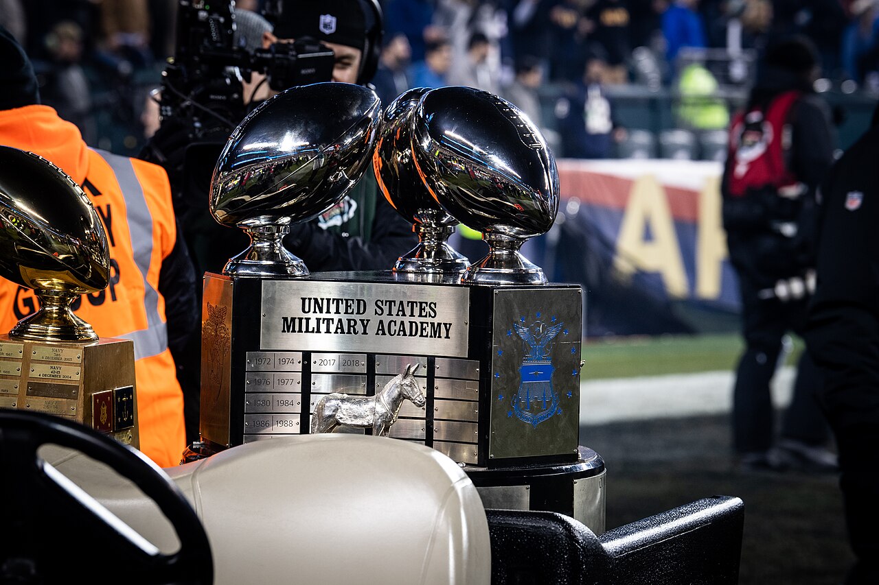 United States Military Academy football trophies on display.