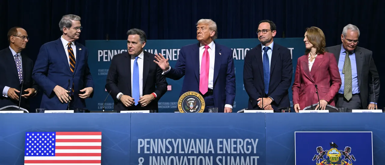 US President Donald Trump (C) gestures at the end of the Pennsylvania Energy and Innovation Summit on the campus of Carnegie Mellon University in Pittsburgh, Pennsylvania on July 15, 2025. (Photo by ANDREW CABALLERO-REYNOLDS/AFP via Getty Images)