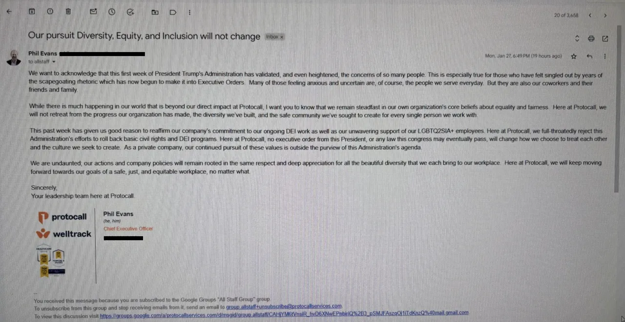 Email from Protocall CEO affirming commitment to diversity, equity and inclusion after President Trump took office.