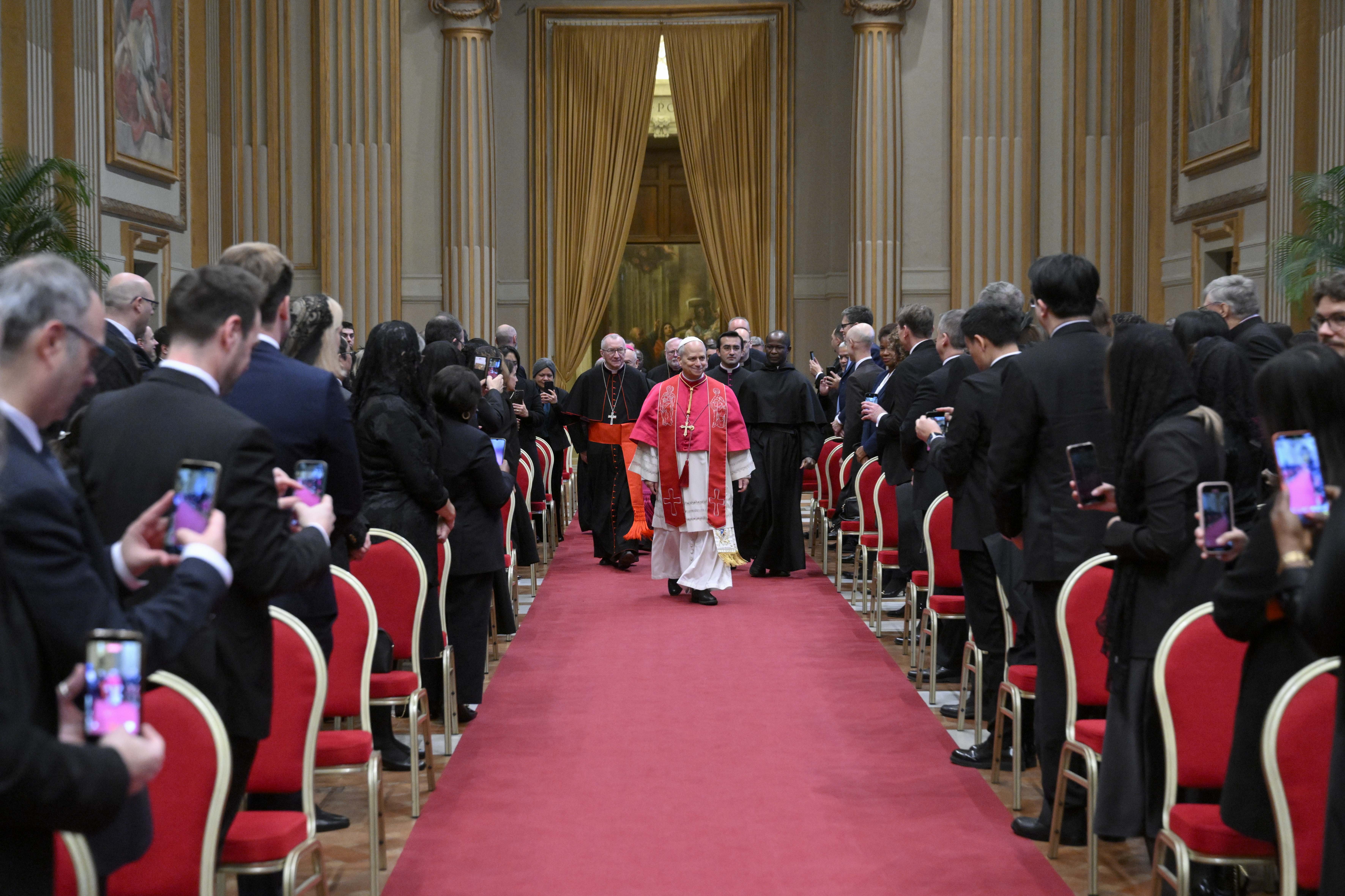 Pope Leo XIV greets ambassadors and other diplomatic representatives to the Holy See in the Hall of the Blessing in the Apostolic Palace on Jan. 9, 2026. | Credit: Vatican Media