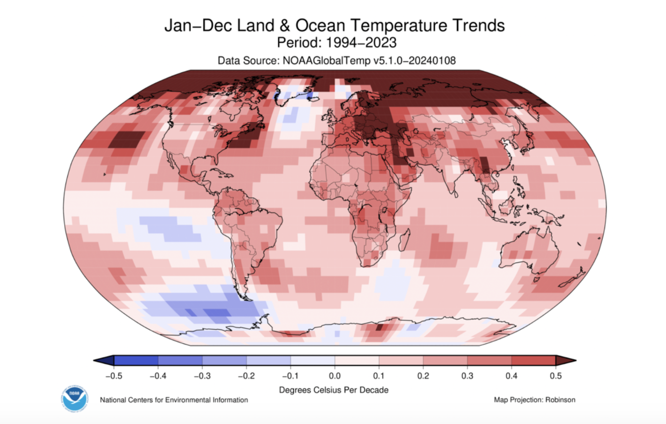 Global temperature trends map 1994-2023 NOAA data